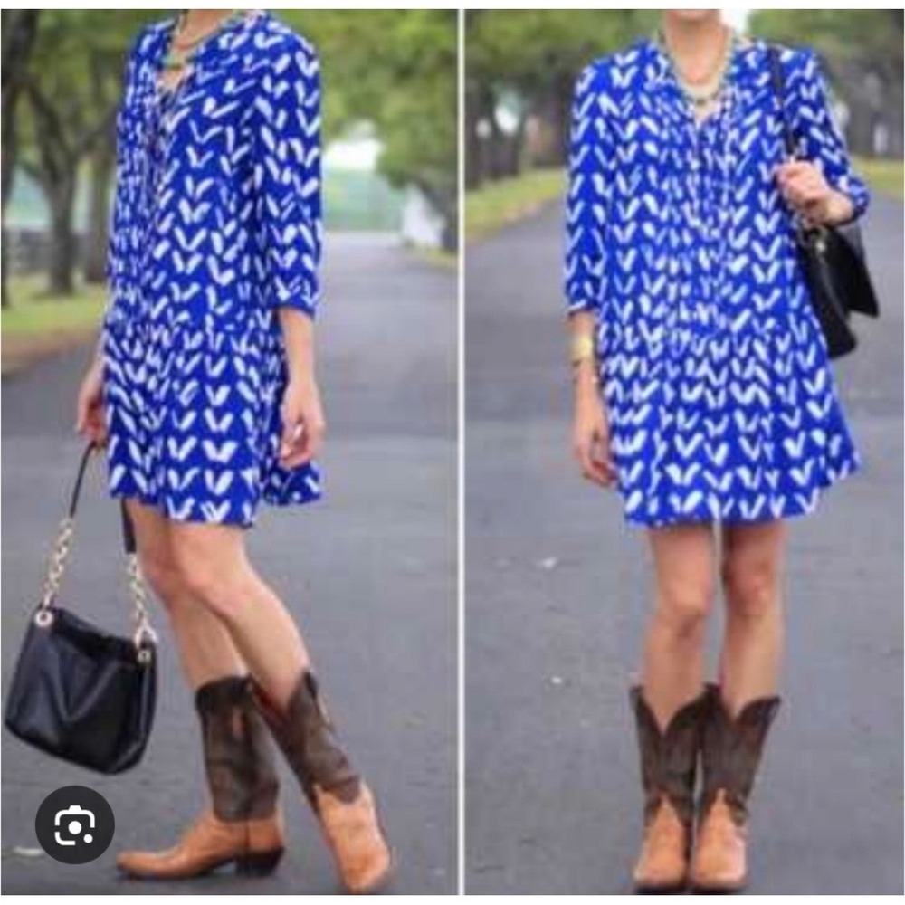 Maeve Caravane Drop Waist / Pintuck Tunic Shift Dress S Blue White Abstract Boho